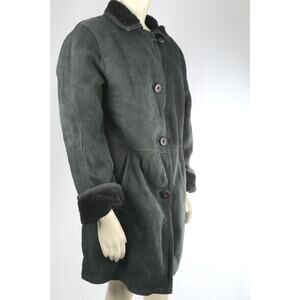 Vintage Dark Green Shearling Suede Coat Warm Winter Leather Trim Jacket Size M